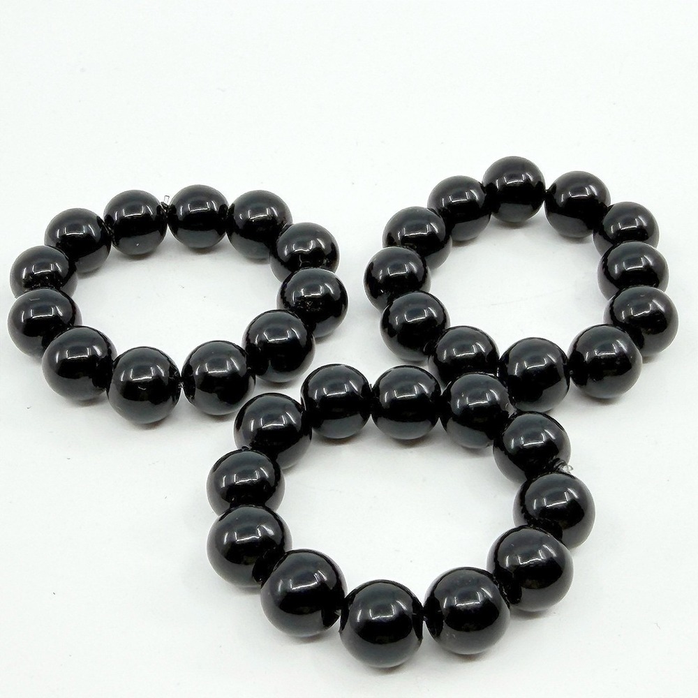 Lot of 3 Black Round Bead Stretch Bracelets Graduated Sizes Gothic Stackable